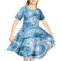 Polynesian Hibiscus Flower Tribal Kid Short Sleeve Dress Blue Color