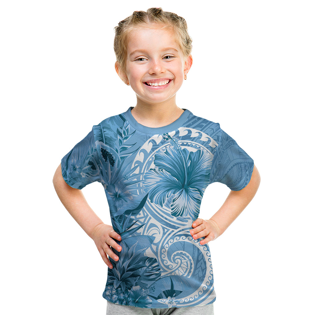 Polynesian Hibiscus Flower Tribal Kid T Shirt Blue Color