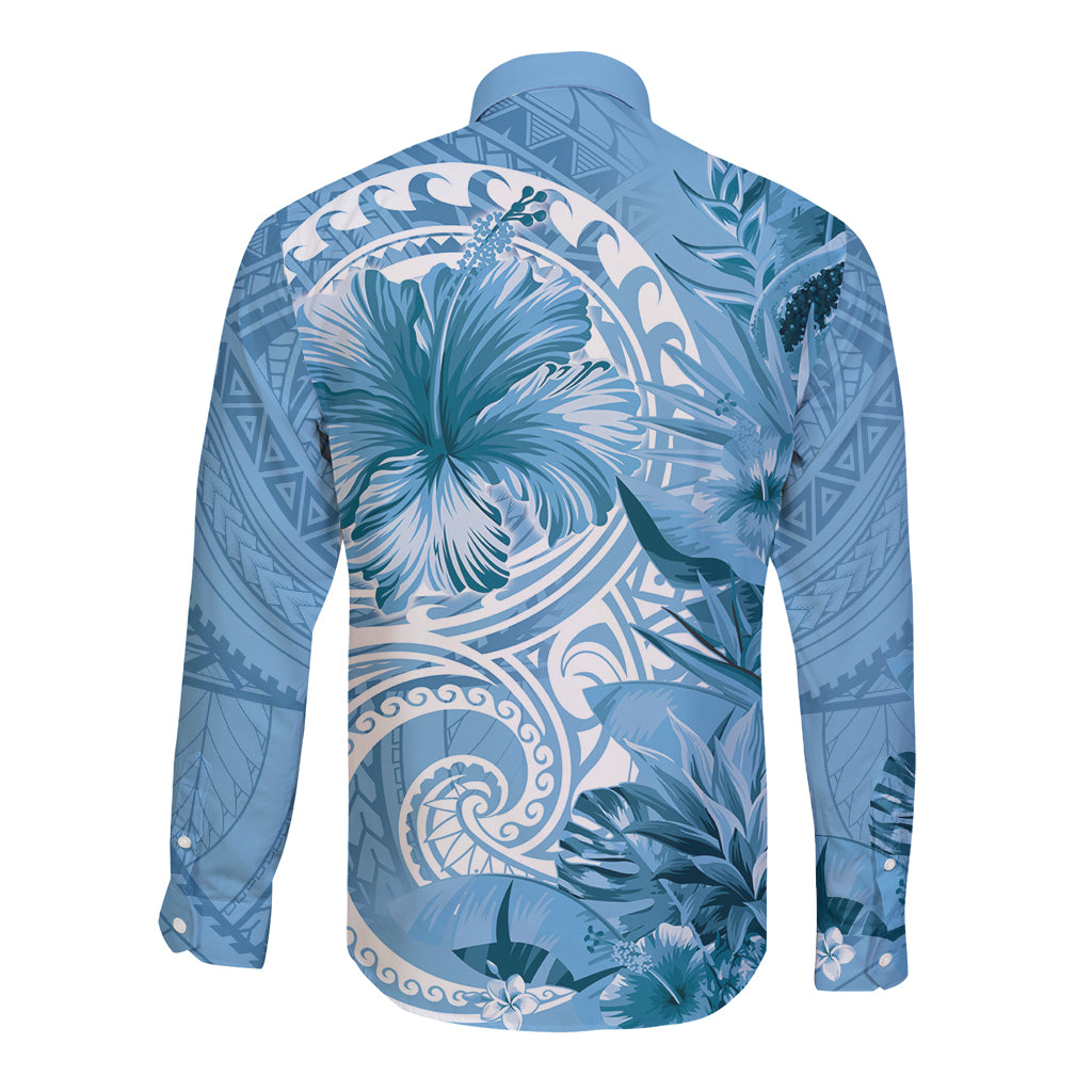 Polynesian Hibiscus Flower Tribal Long Sleeve Button Shirt Blue Color