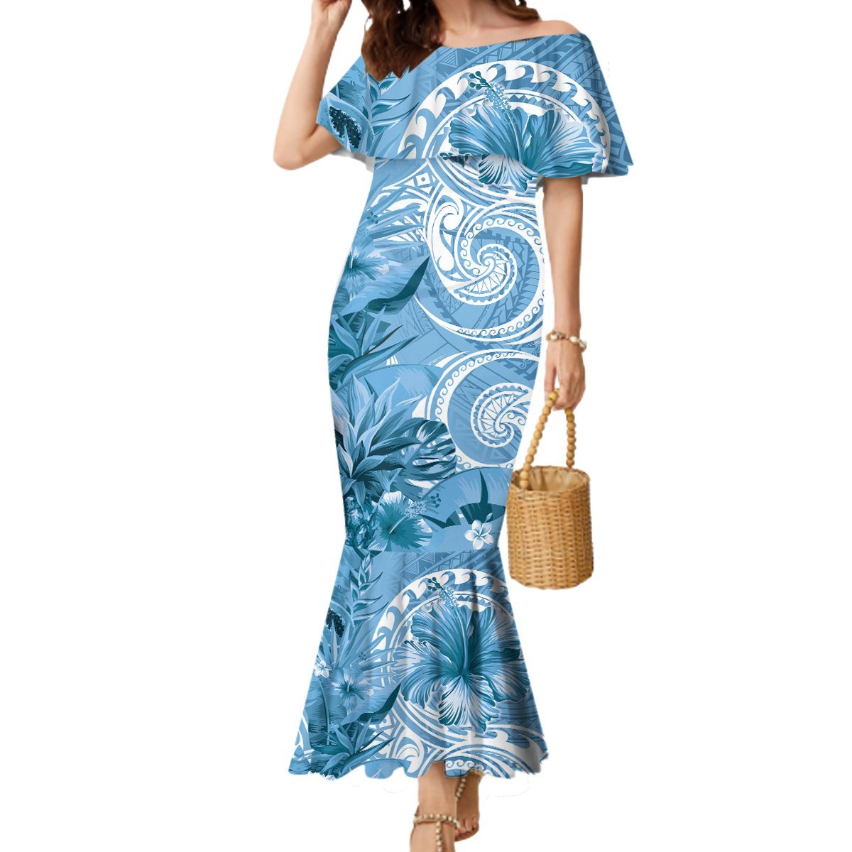 Polynesian Hibiscus Flower Tribal Mermaid Dress Blue Color LT9 Women Blue - Polynesian Pride