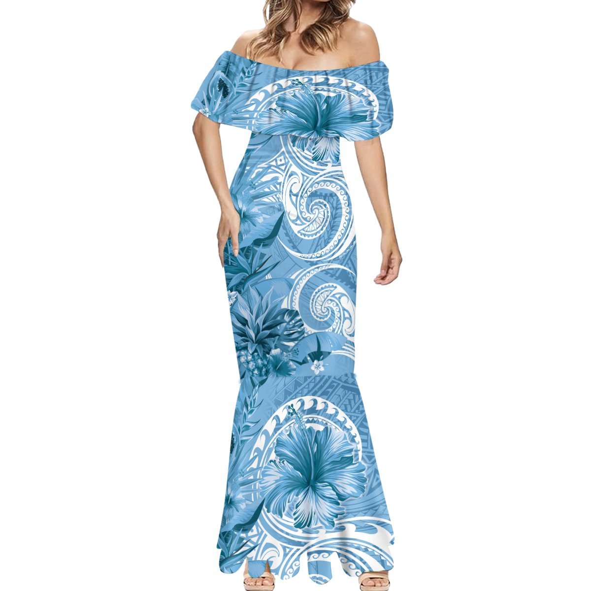 Polynesian Hibiscus Flower Tribal Mermaid Dress Blue Color LT9 - Polynesian Pride