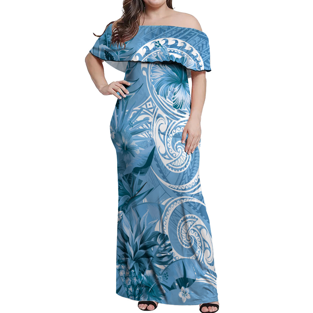 Polynesian Hibiscus Flower Tribal Off Shoulder Maxi Dress Blue Color