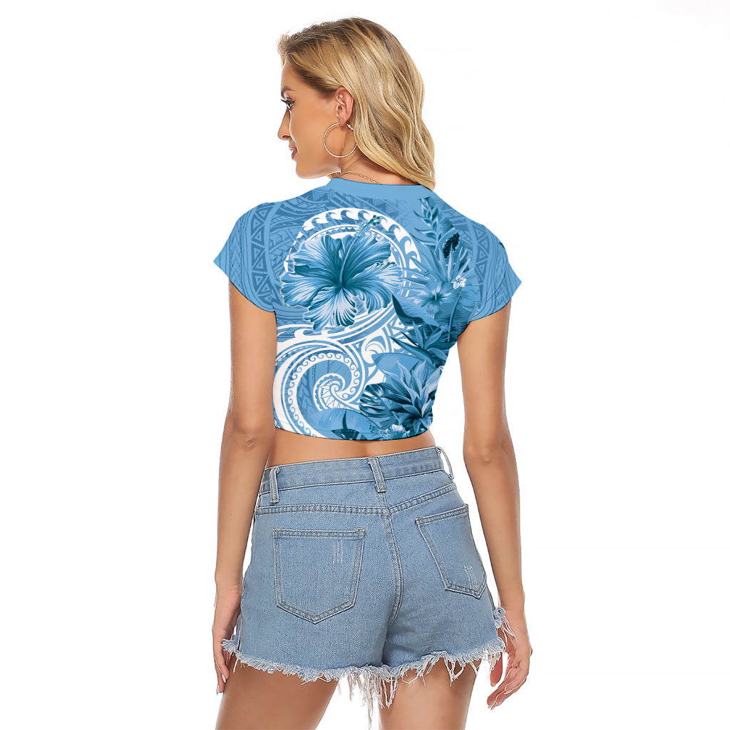 Polynesian Hibiscus Flower Tribal Raglan Cropped T Shirt Blue Color