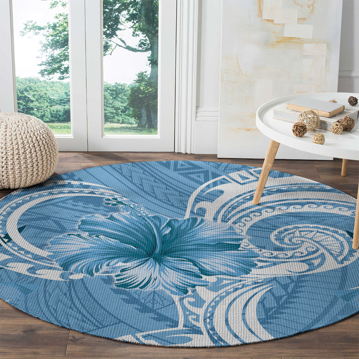 Polynesian Hibiscus Flower Tribal Round Carpet Blue Color