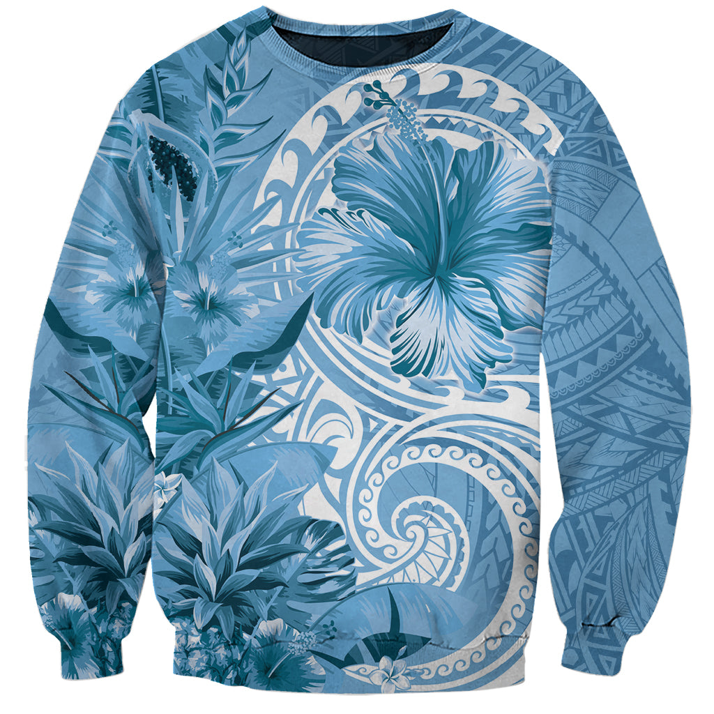 Polynesian Hibiscus Flower Tribal Sweatshirt Blue Color