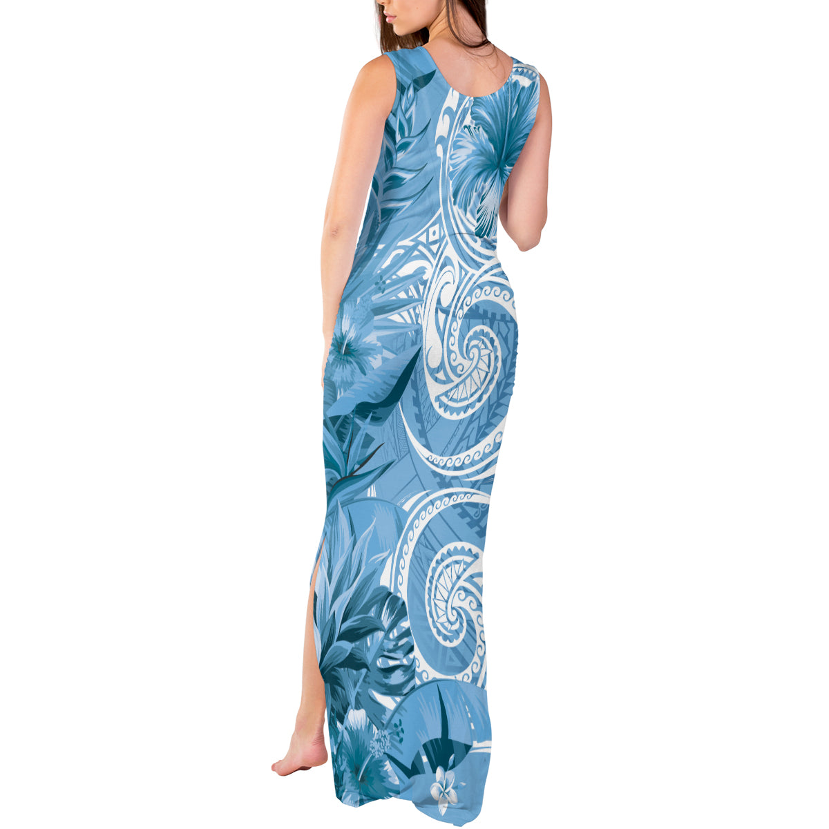 Polynesian Hibiscus Flower Tribal Tank Maxi Dress Blue Color