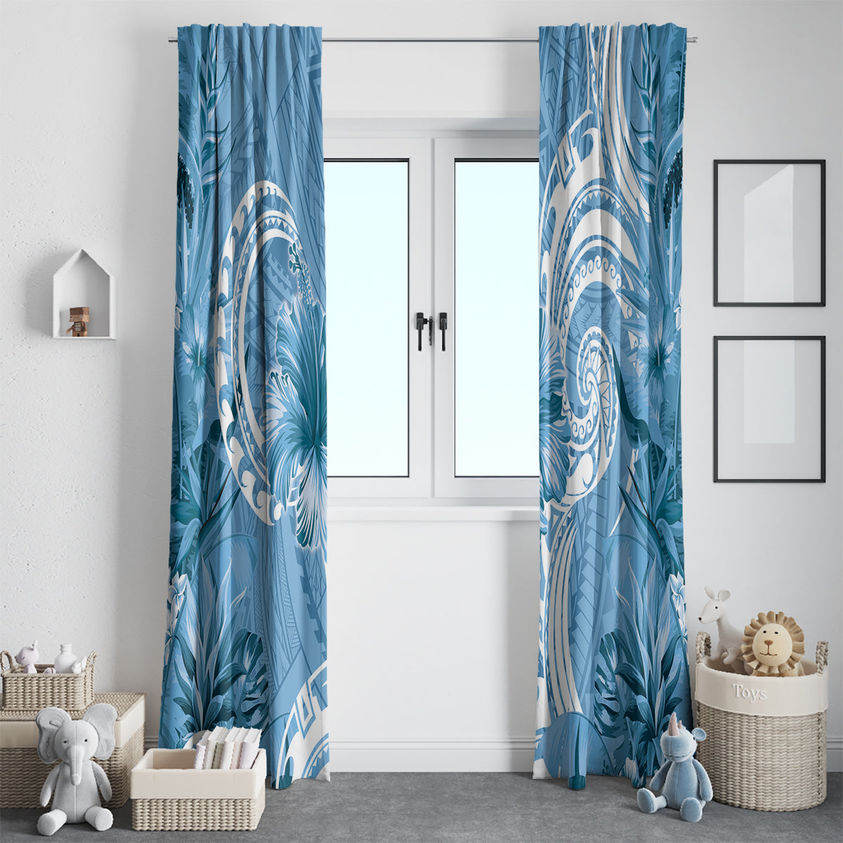 Polynesian Hibiscus Flower Tribal Window Curtain Blue Color