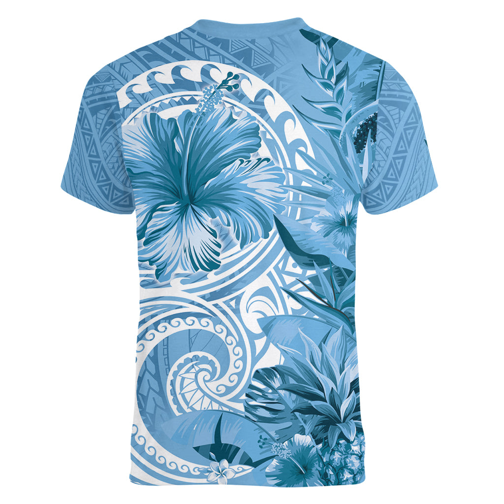 Polynesian Hibiscus Flower Tribal Women V Neck T Shirt Blue Color