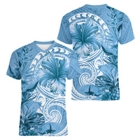 Polynesian Hibiscus Flower Tribal Women V Neck T Shirt Blue Color