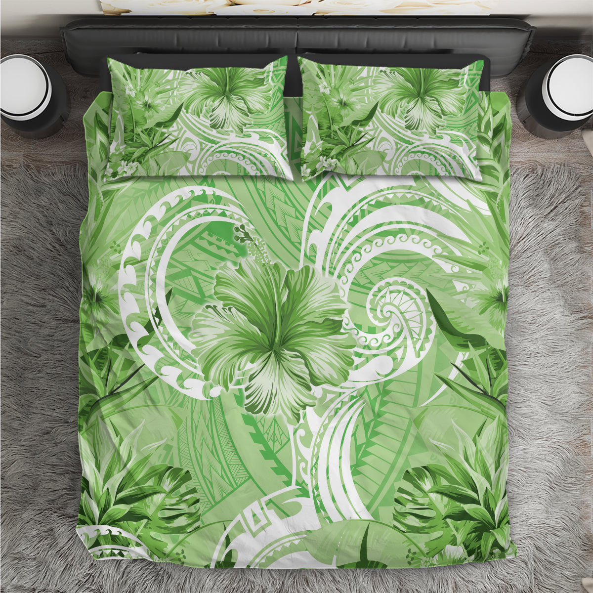 Polynesian Hibiscus Flower Tribal Bedding Set Lime Green Color