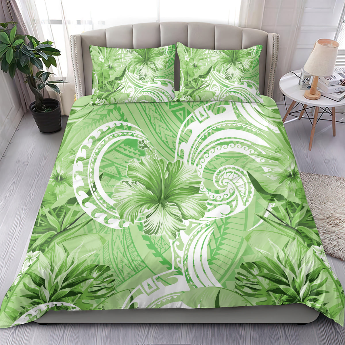 Polynesian Hibiscus Flower Tribal Bedding Set Lime Green Color
