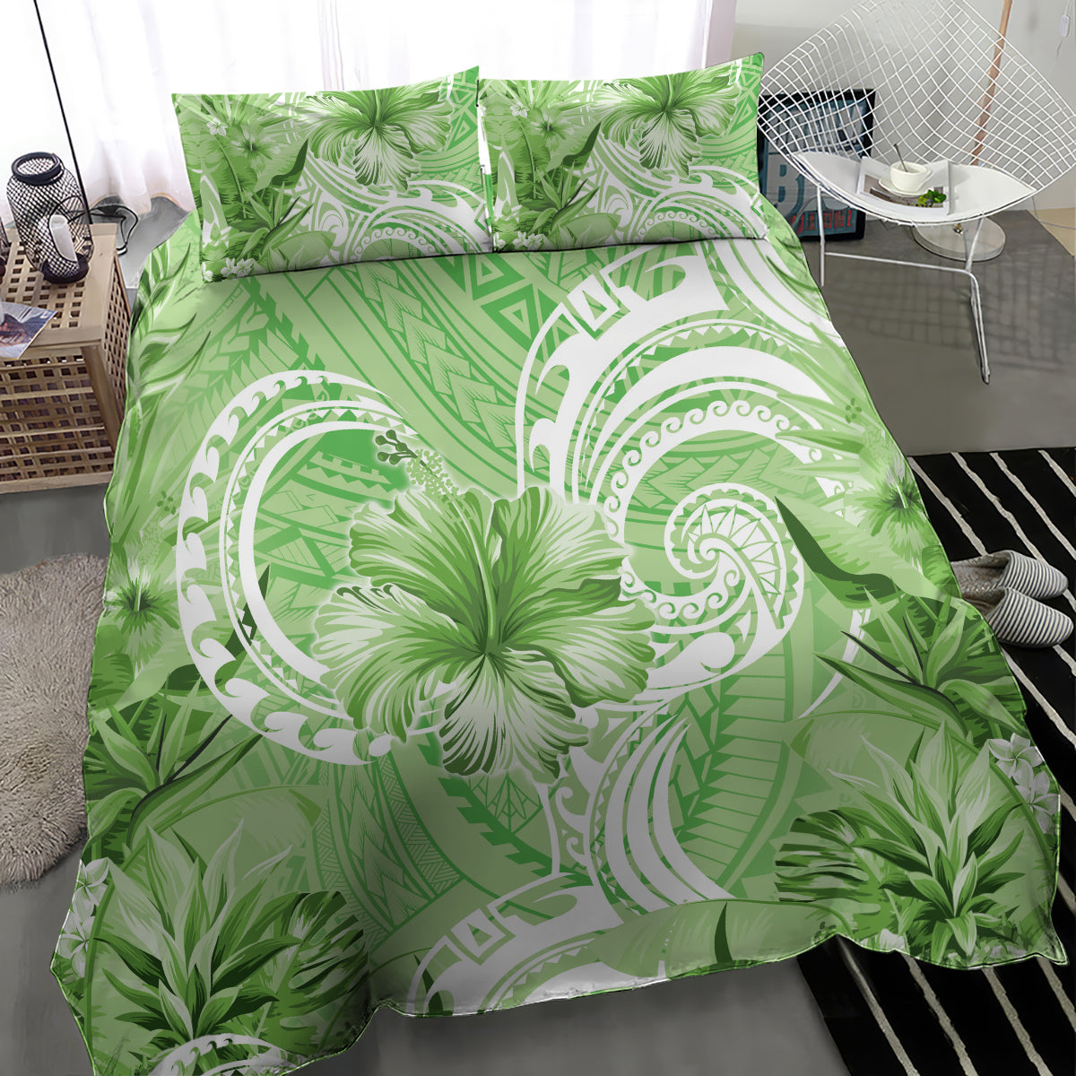 Polynesian Hibiscus Flower Tribal Bedding Set Lime Green Color