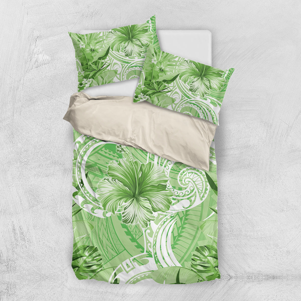 Polynesian Hibiscus Flower Tribal Bedding Set Lime Green Color