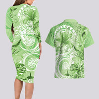 Polynesian Hibiscus Flower Tribal Couples Matching Long Sleeve Bodycon Dress and Hawaiian Shirt Lime Green Color LT9 - Polynesian Pride
