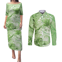 Polynesian Hibiscus Flower Tribal Couples Matching Puletasi and Long Sleeve Button Shirt Lime Green Color