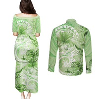 Polynesian Hibiscus Flower Tribal Couples Matching Puletasi and Long Sleeve Button Shirt Lime Green Color