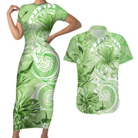 Polynesian Hibiscus Flower Tribal Couples Matching Short Sleeve Bodycon Dress and Hawaiian Shirt Lime Green Color LT9 Lime Green - Polynesian Pride