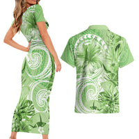 Polynesian Hibiscus Flower Tribal Couples Matching Short Sleeve Bodycon Dress and Hawaiian Shirt Lime Green Color LT9 - Polynesian Pride