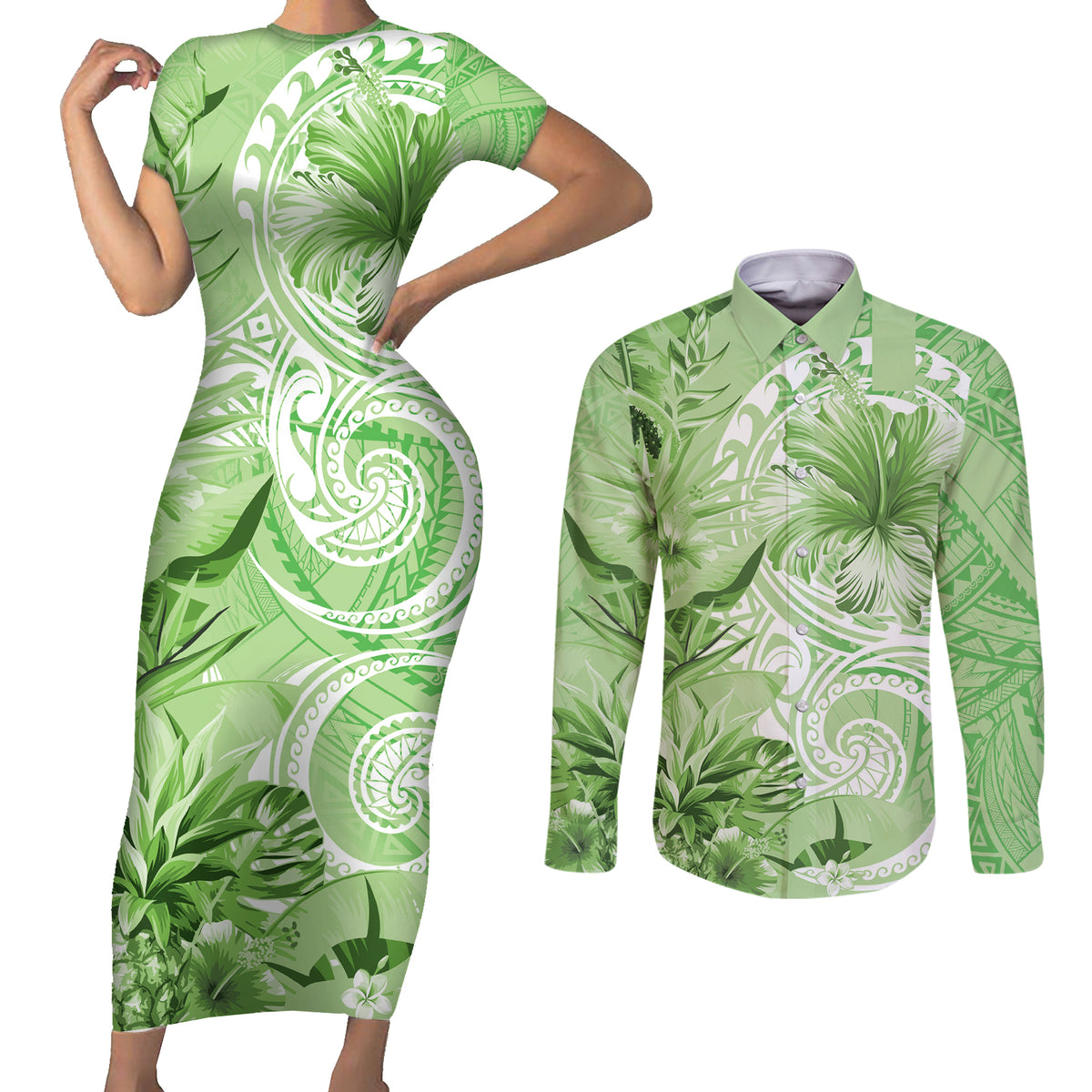 Polynesian Hibiscus Flower Tribal Couples Matching Short Sleeve Bodycon Dress and Long Sleeve Button Shirt Lime Green Color