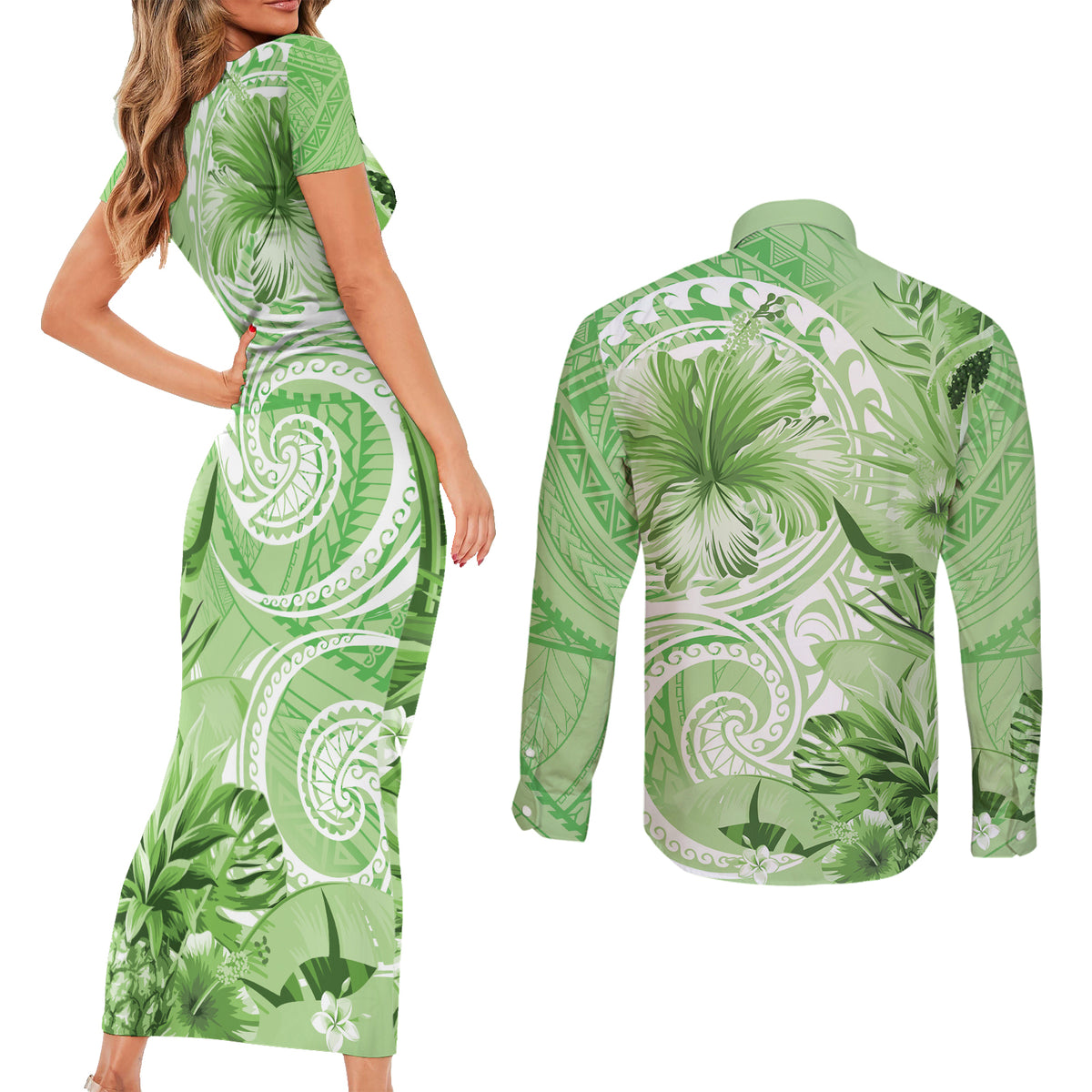 Polynesian Hibiscus Flower Tribal Couples Matching Short Sleeve Bodycon Dress and Long Sleeve Button Shirt Lime Green Color
