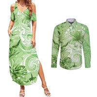 Polynesian Hibiscus Flower Tribal Couples Matching Summer Maxi Dress and Long Sleeve Button Shirt Lime Green Color LT9 Lime Green - Polynesian Pride