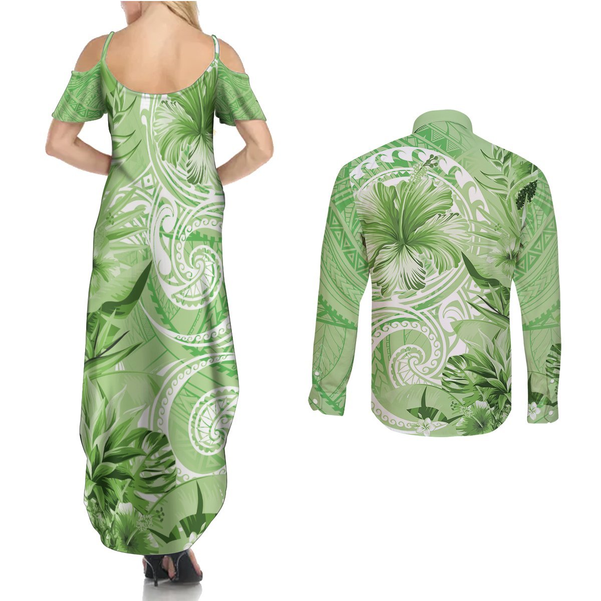Polynesian Hibiscus Flower Tribal Couples Matching Summer Maxi Dress and Long Sleeve Button Shirt Lime Green Color LT9 - Polynesian Pride