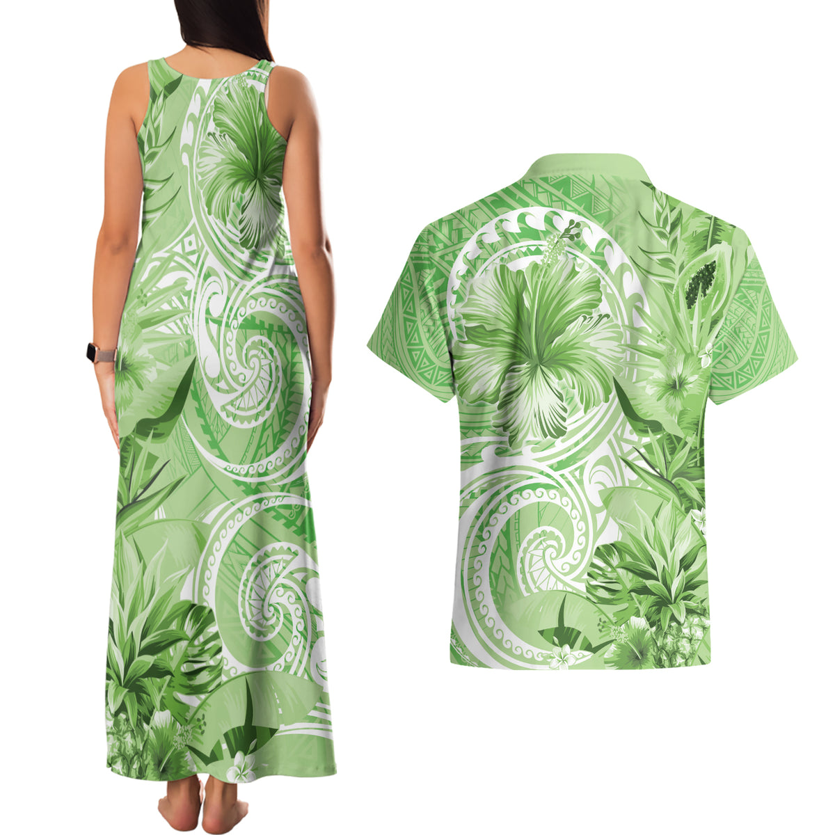 Polynesian Hibiscus Flower Tribal Couples Matching Tank Maxi Dress and Hawaiian Shirt Lime Green Color LT9 - Polynesian Pride