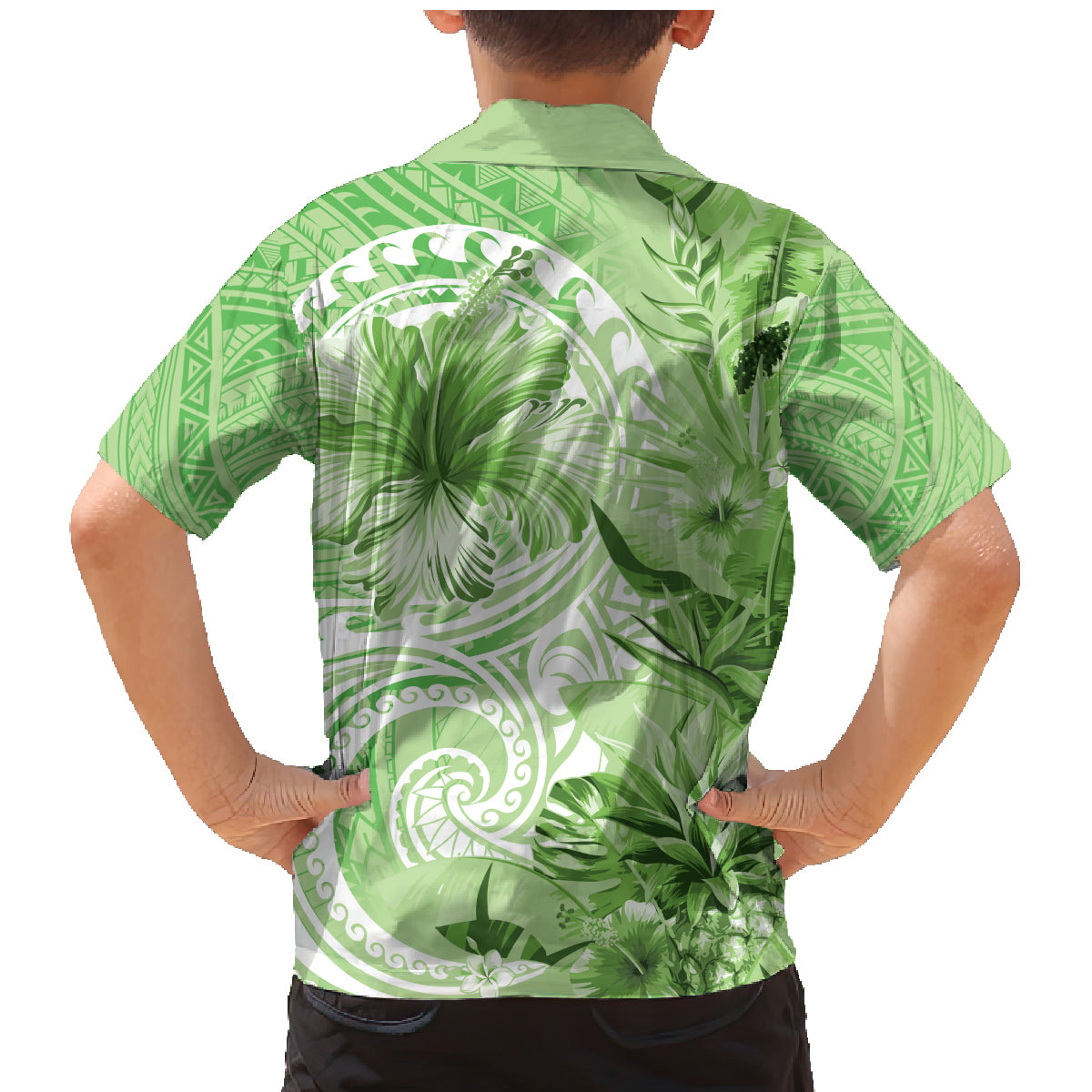 Polynesian Hibiscus Flower Tribal Family Matching Mermaid Dress and Hawaiian Shirt Lime Green Color