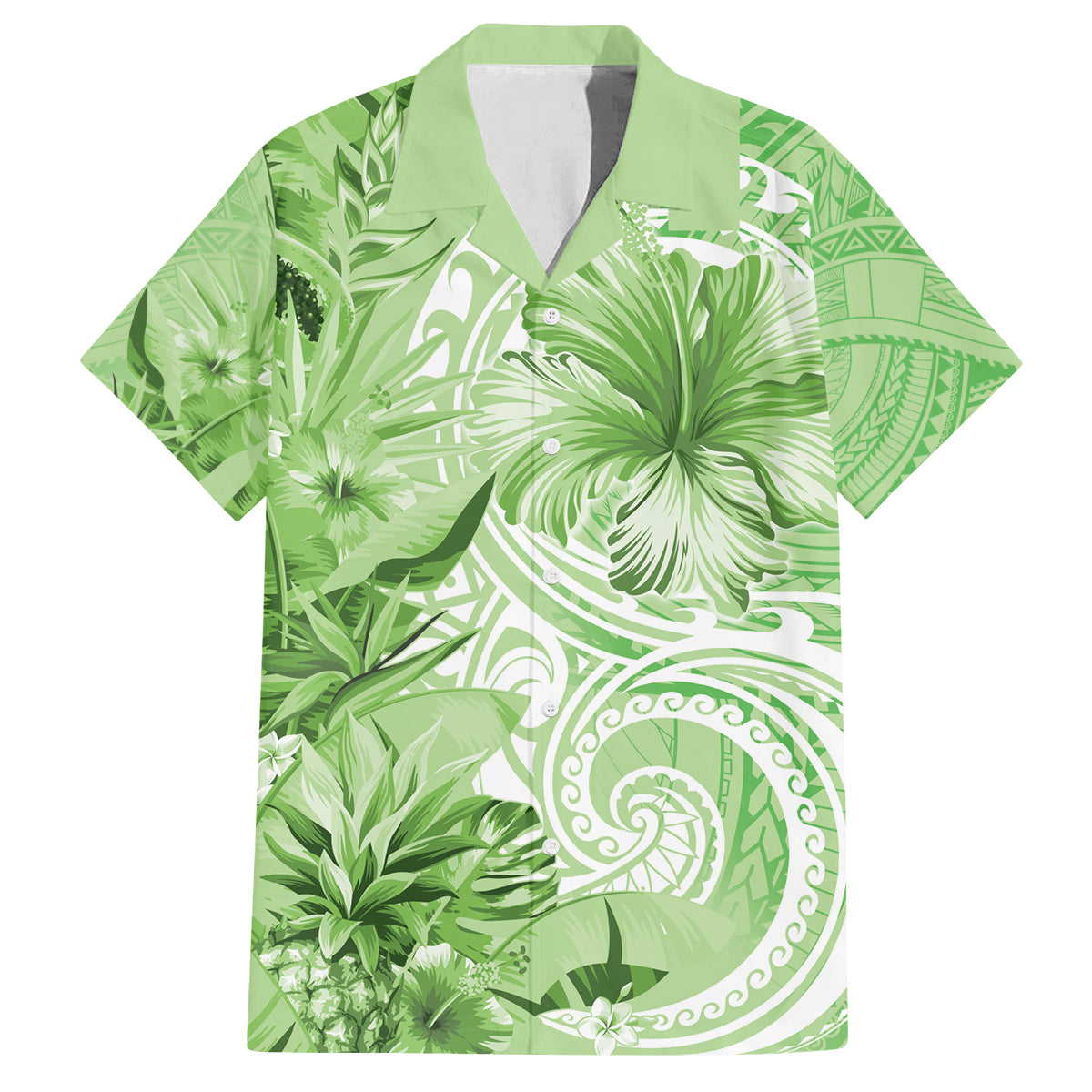 Polynesian Hibiscus Flower Tribal Family Matching Off Shoulder Maxi Dress and Hawaiian Shirt Lime Green Color