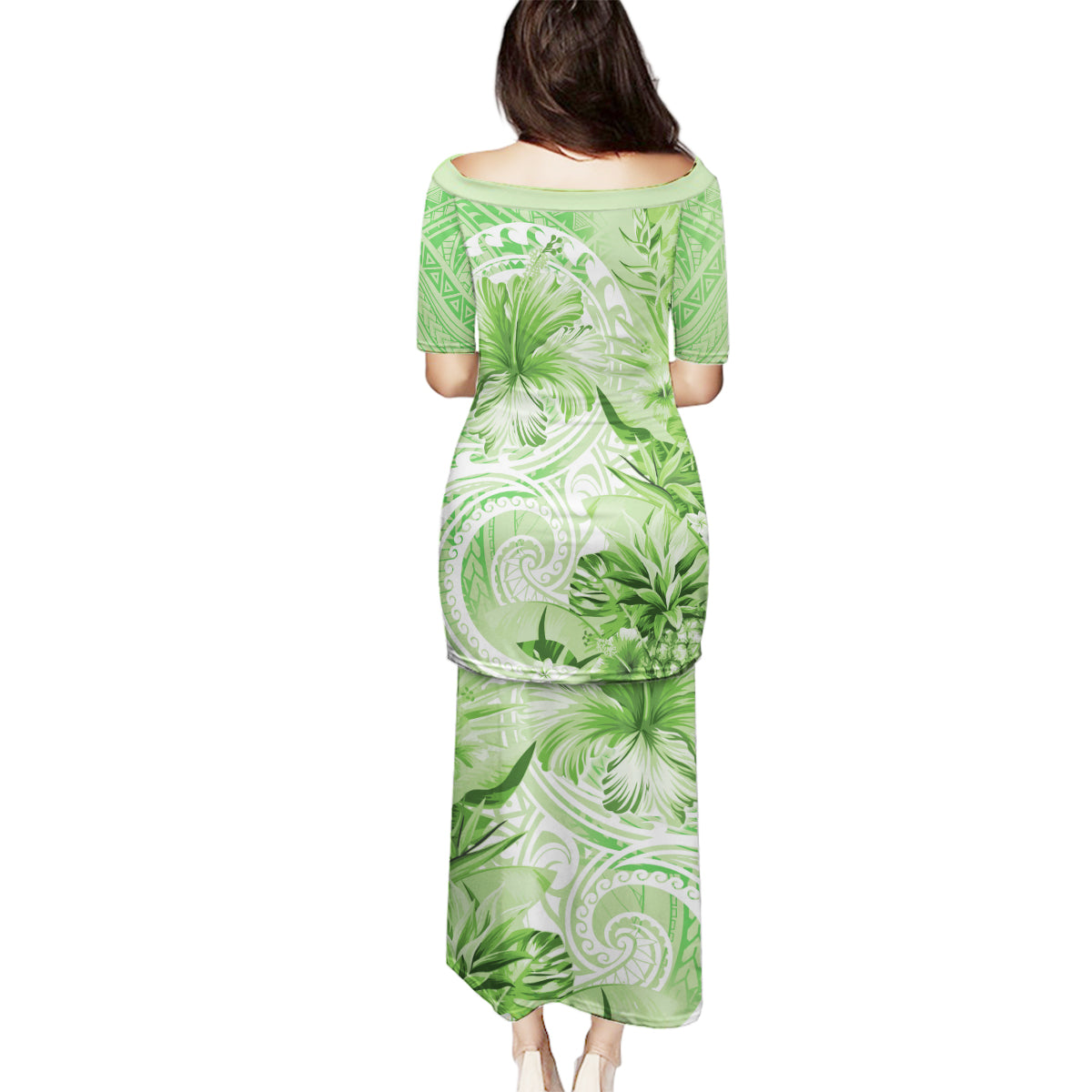 Polynesian Hibiscus Flower Tribal Family Matching Puletasi and Hawaiian Shirt Lime Green Color