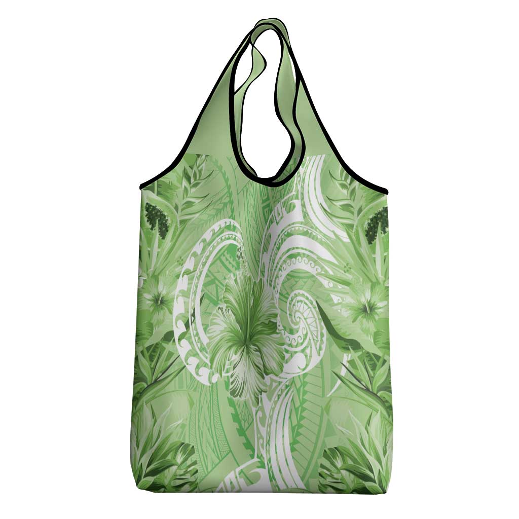 Polynesian Hibiscus Flower Tribal Grocery Bag Lime Green Color