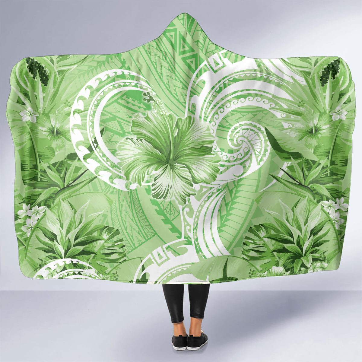 Polynesian Hibiscus Flower Tribal Hooded Blanket Lime Green Color