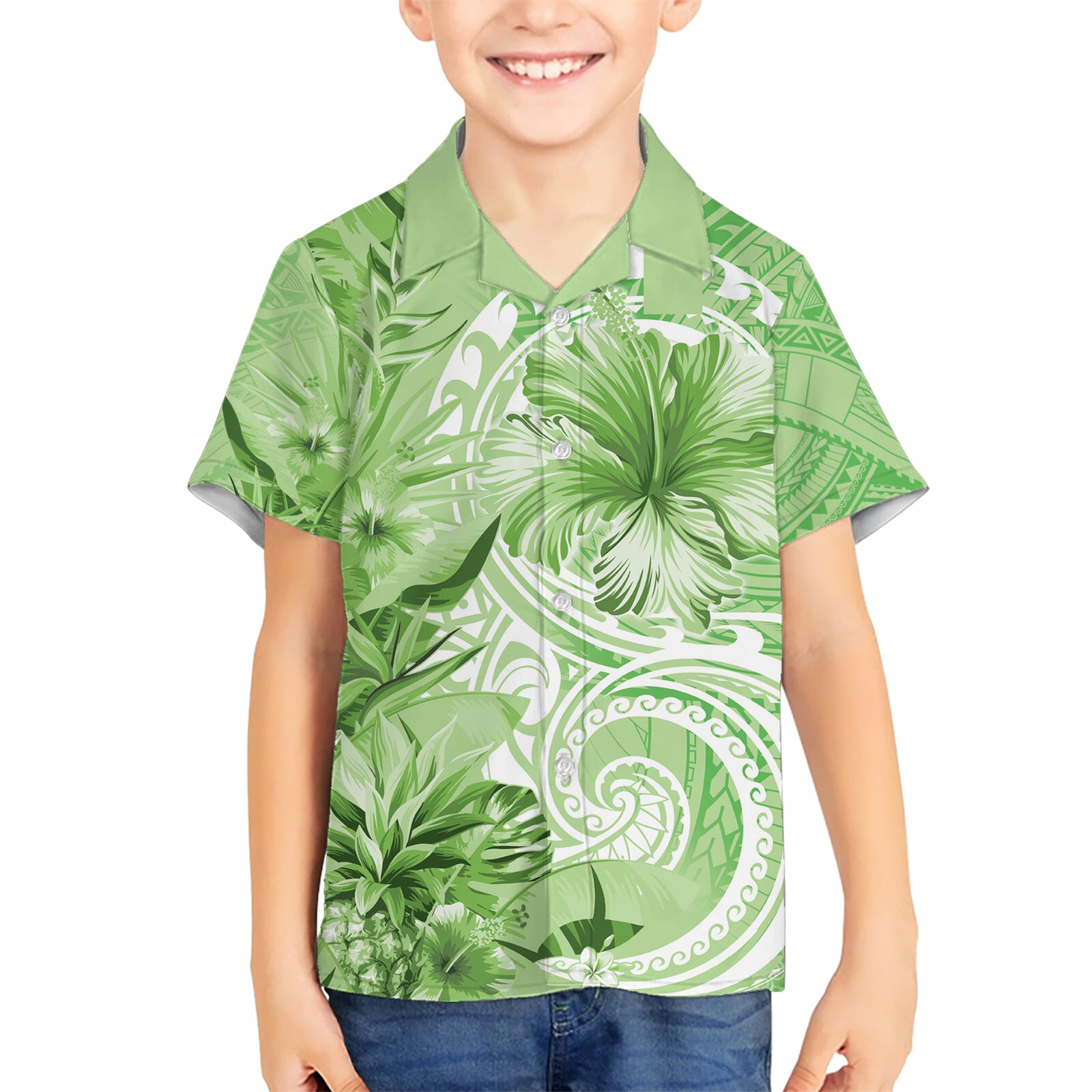 Polynesian Hibiscus Flower Tribal Kid Hawaiian Shirt Lime Green Color