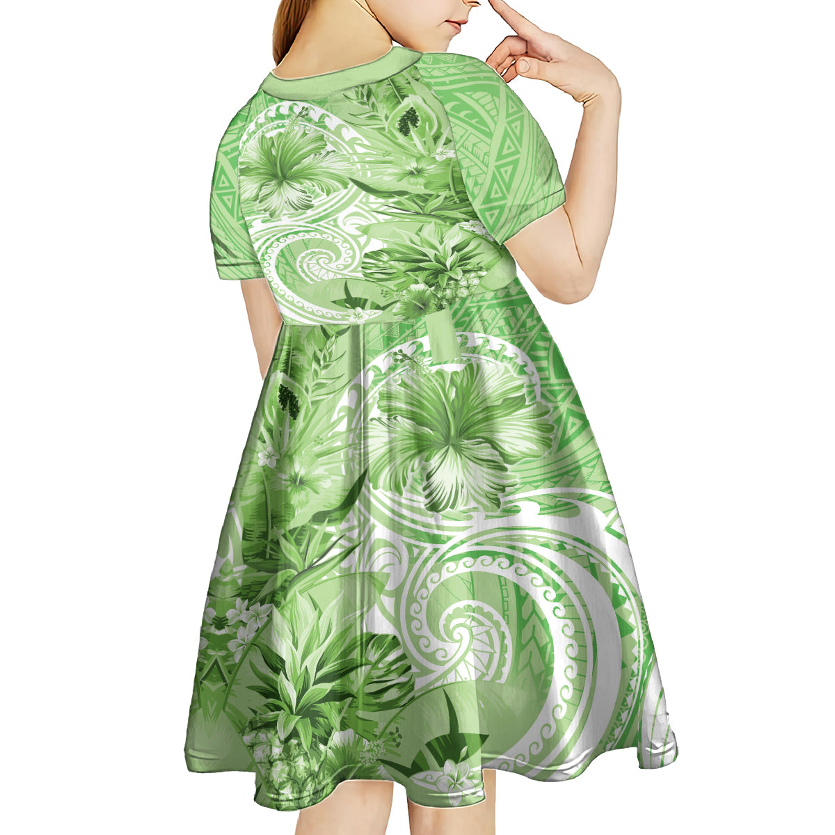Polynesian Hibiscus Flower Tribal Kid Short Sleeve Dress Lime Green Color