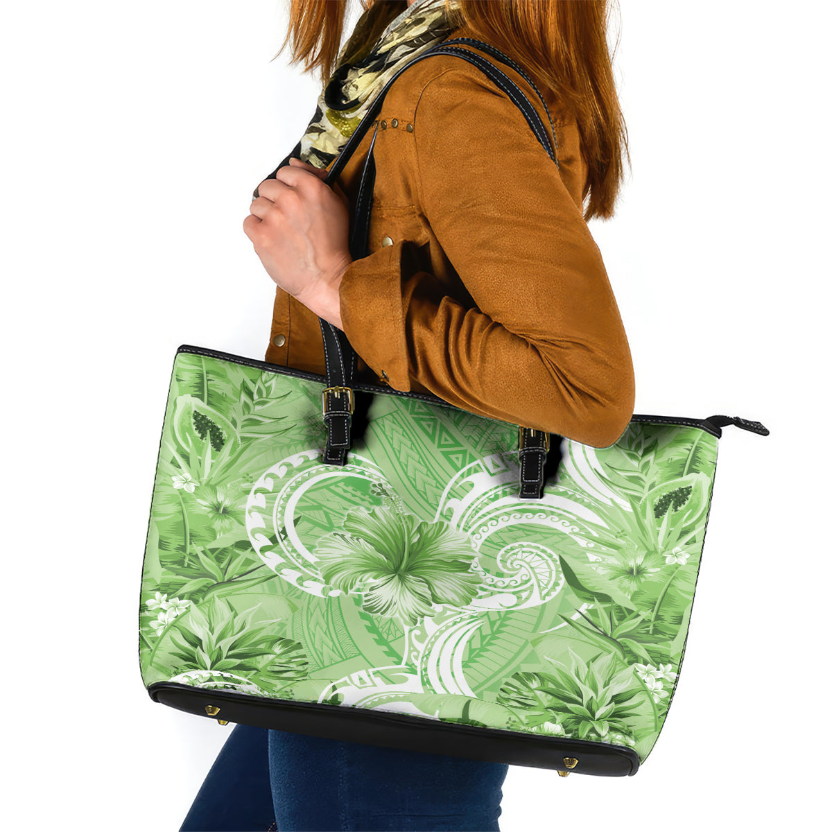 Polynesian Hibiscus Flower Tribal Leather Tote Bag Lime Green Color