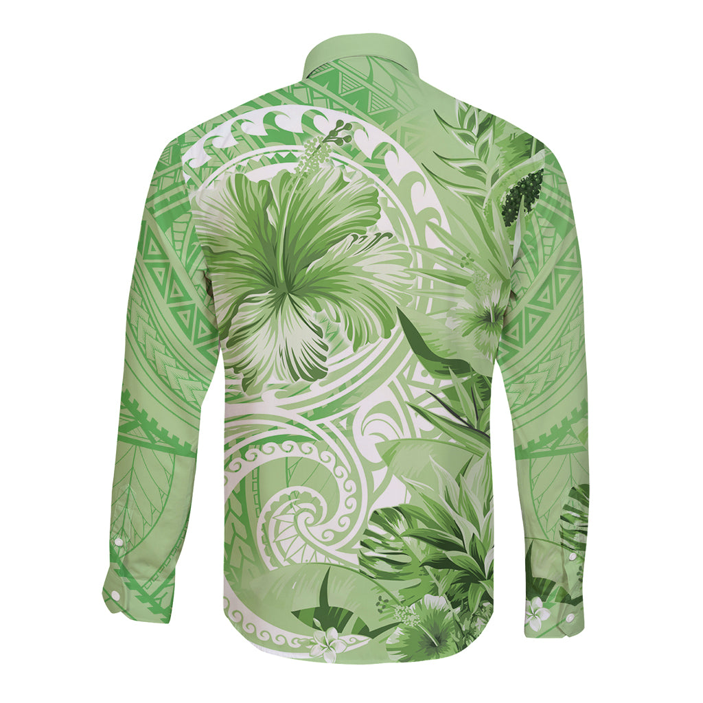 Polynesian Hibiscus Flower Tribal Long Sleeve Button Shirt Lime Green Color