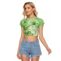 Polynesian Hibiscus Flower Tribal Raglan Cropped T Shirt Lime Green Color