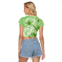 Polynesian Hibiscus Flower Tribal Raglan Cropped T Shirt Lime Green Color