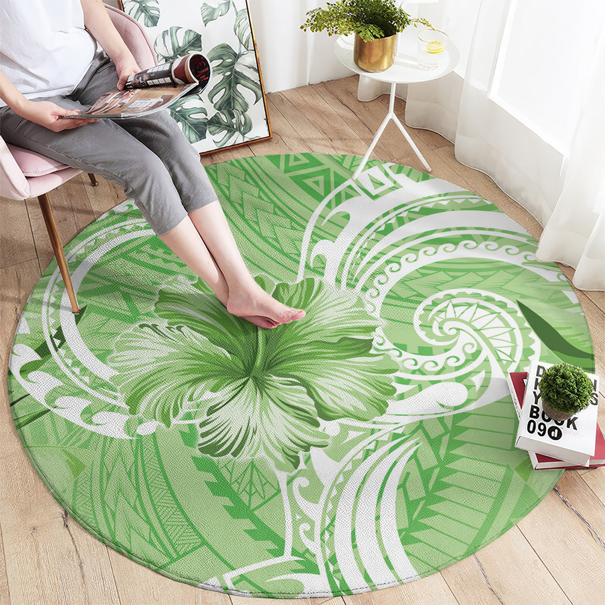 Polynesian Hibiscus Flower Tribal Round Carpet Lime Green Color