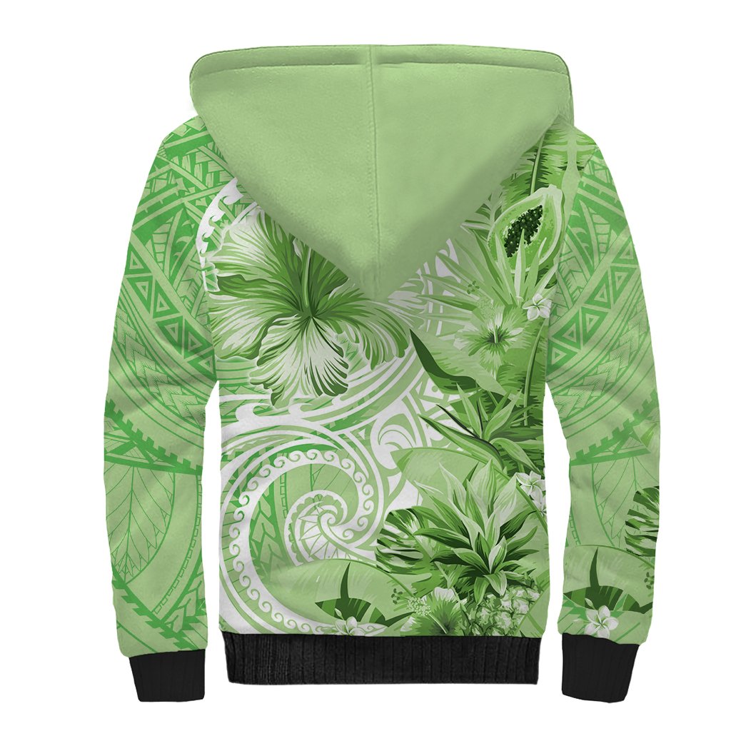 Polynesian Hibiscus Flower Tribal Sherpa Hoodie Lime Green Color