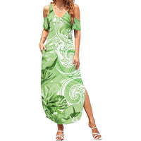 Polynesian Hibiscus Flower Tribal Summer Maxi Dress Lime Green Color