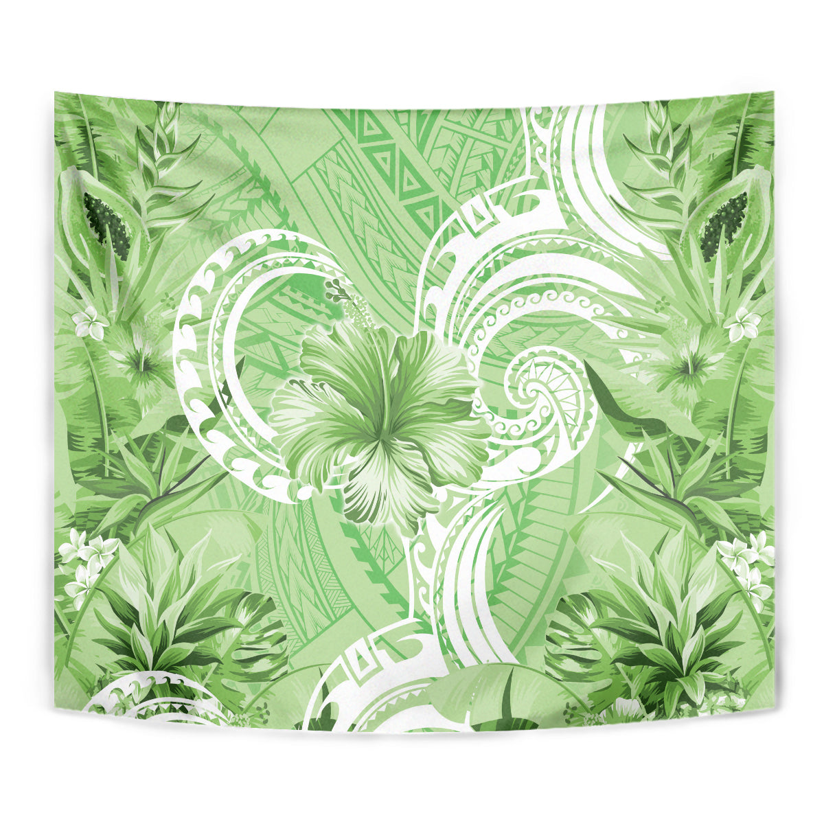 Polynesian Hibiscus Flower Tribal Tapestry Lime Green Color