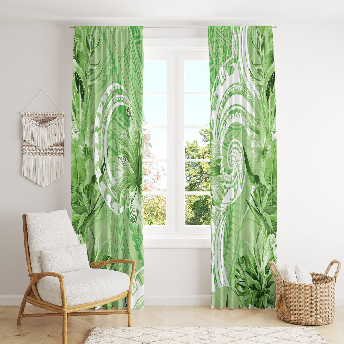 Polynesian Hibiscus Flower Tribal Window Curtain Lime Green Color