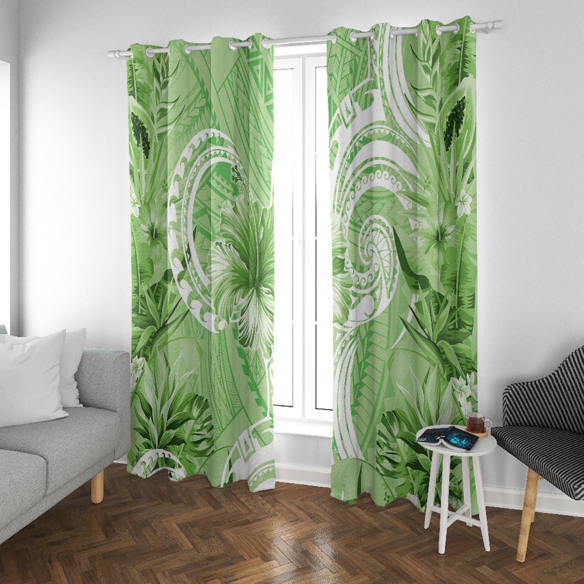 Polynesian Hibiscus Flower Tribal Window Curtain Lime Green Color