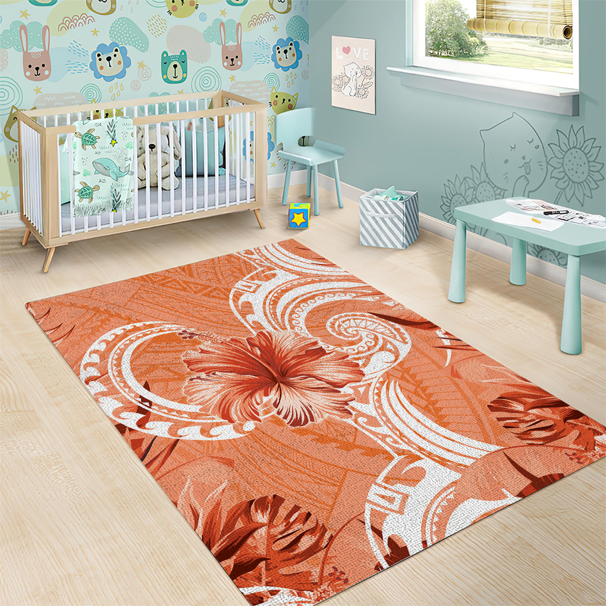 Polynesian Hibiscus Flower Tribal Area Rug Peach Color