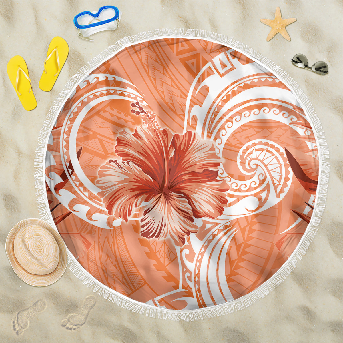 Polynesian Hibiscus Flower Tribal Beach Blanket Peach Color