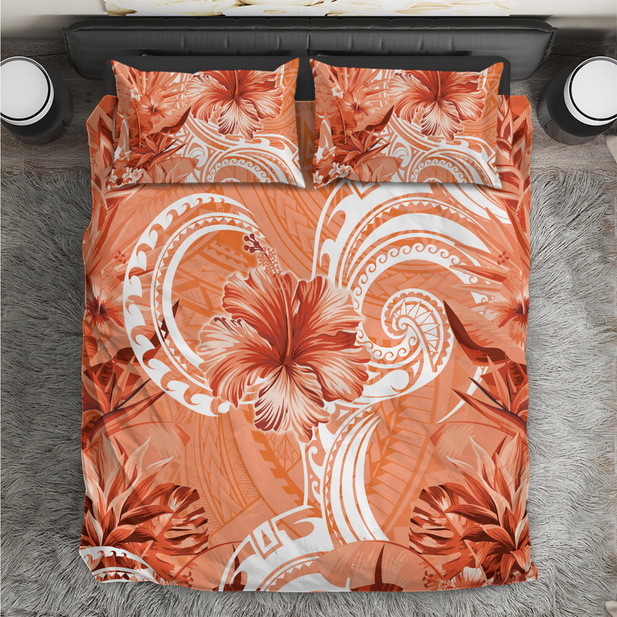 Polynesian Hibiscus Flower Tribal Bedding Set Peach Color