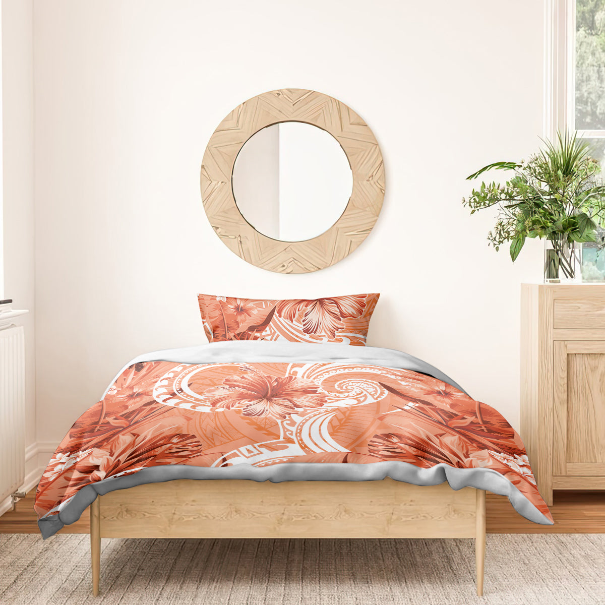 Polynesian Hibiscus Flower Tribal Bedding Set Peach Color