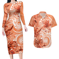 Polynesian Hibiscus Flower Tribal Couples Matching Long Sleeve Bodycon Dress and Hawaiian Shirt Peach Color LT9 Peach - Polynesian Pride