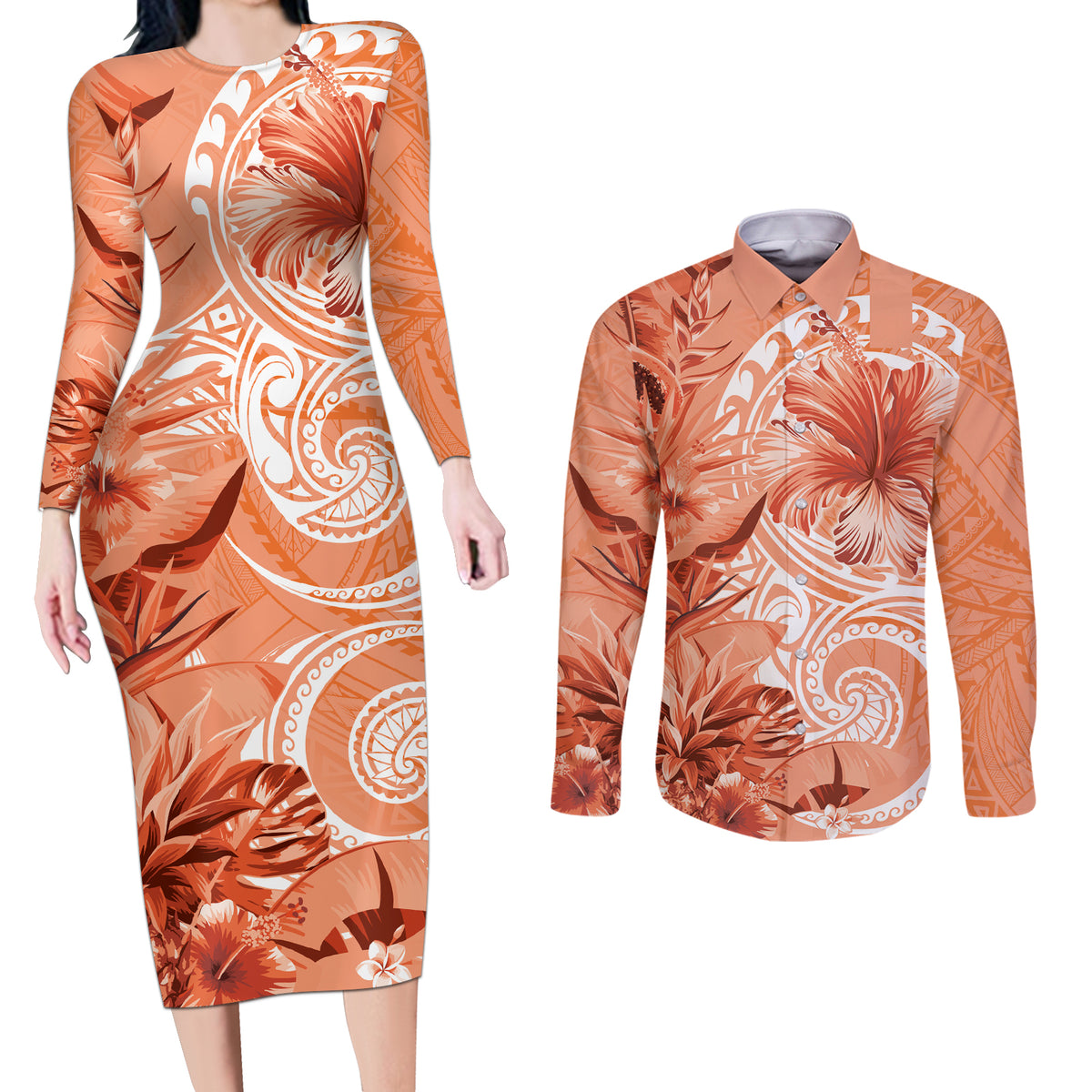 Polynesian Hibiscus Flower Tribal Couples Matching Long Sleeve Bodycon Dress and Long Sleeve Button Shirt Peach Color
